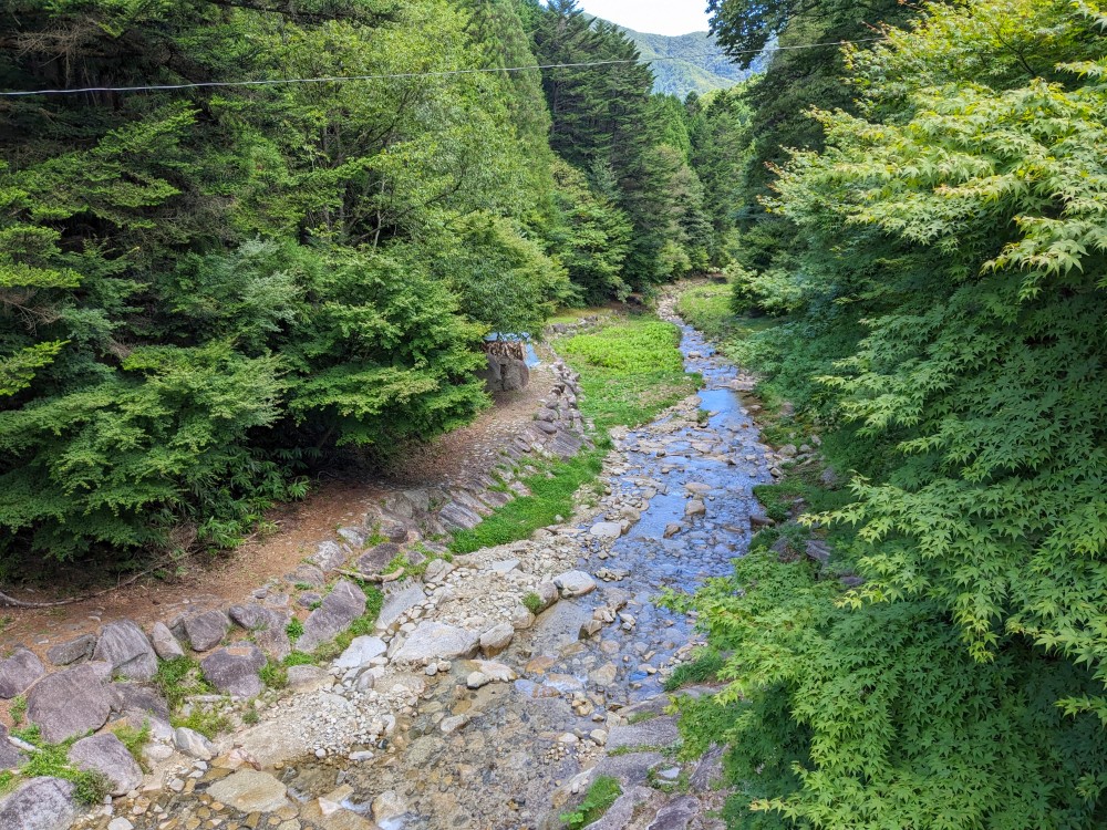 せいなの森キャンプ場を流れる川とテントサウナ